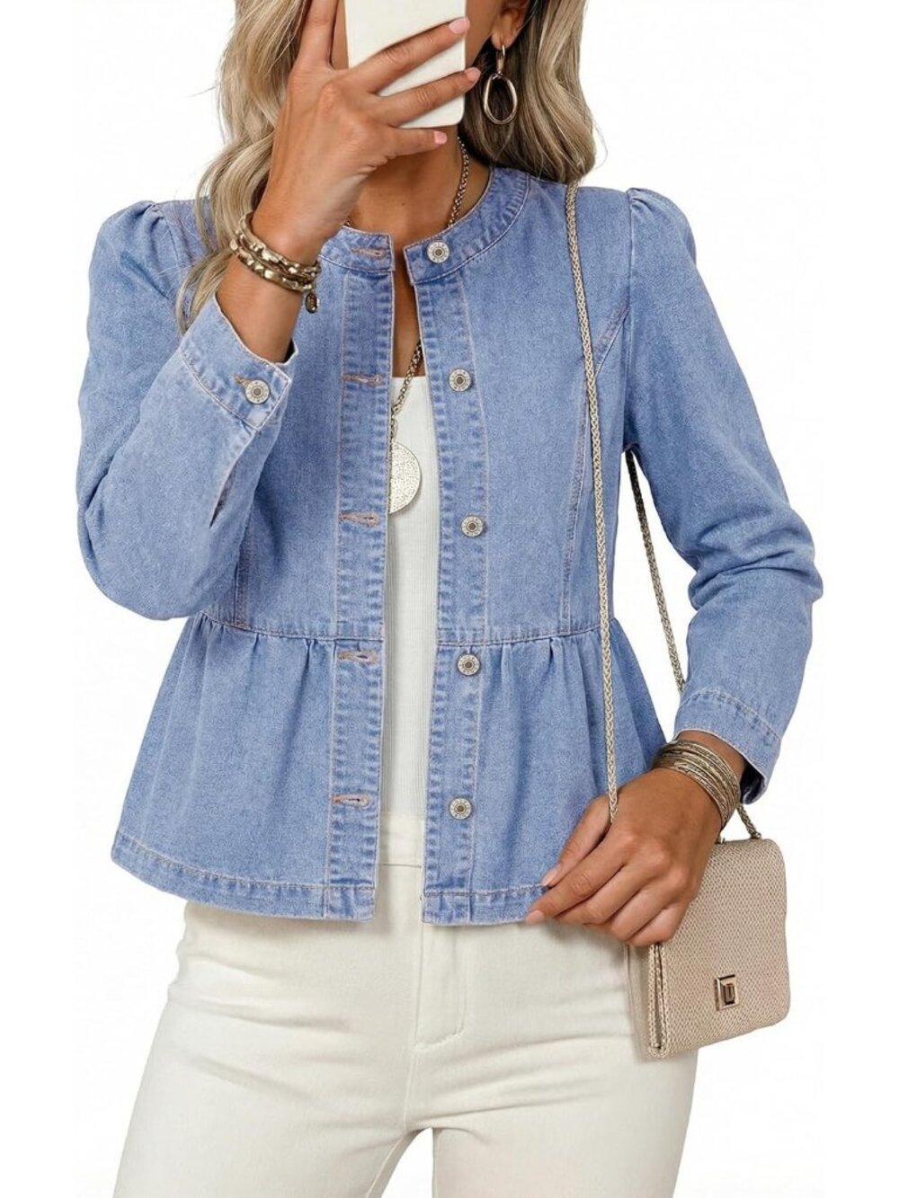 Women's Beau Blue Long Sleeve Button Down Cropped Waist Denim Jeans Jacket